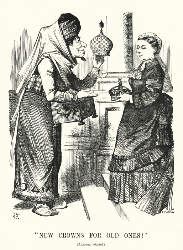 Punch sarjakuva: Uusia kruunuja vanhoille. Benjamin Disraeli (Aladdinina) kuningatar Victorian kanssa – vuoden 1876 kuninkaallinen arvolaki, jossa kuningatar tunnustetaan Intian keisarinnaksi (kaiverrus) tekijältä John (after) Tenniel