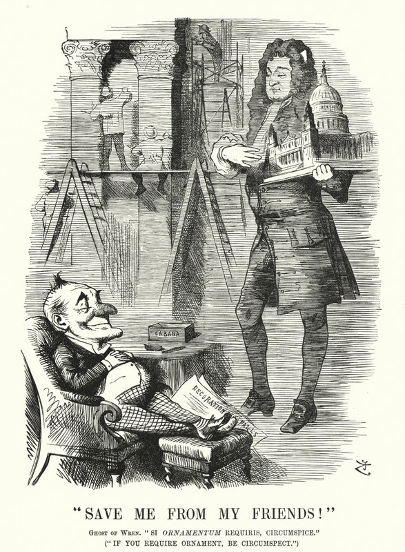 Punch-sarjakuva: Pelasta minut ystävistäni - Sir Christopher Wrenin haamu ja Lontoon St Paulin katedraalin koristelu (kaiverrus) tekijältä John (after) Tenniel