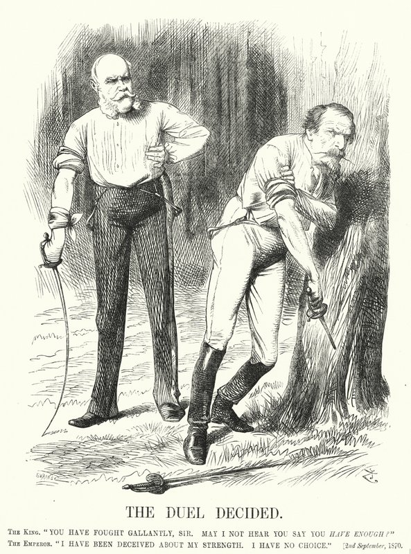 Punch-sarjakuva: Kaksintaistelu päätetty - Ranskan tappio Ranskan ja Preussin sodassa (kaiverrus) tekijältä John (after) Tenniel