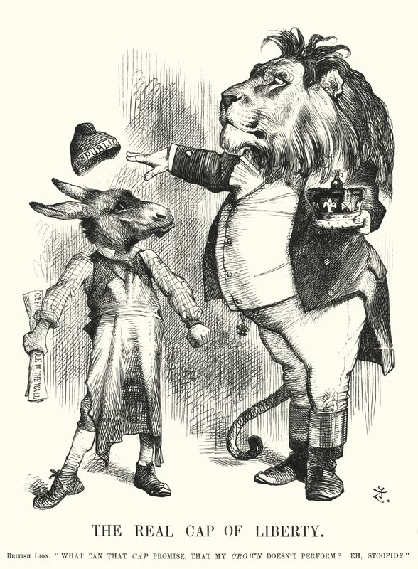 Punch-sarjakuva: The Real Cap of Liberty – Ison-Britannian perustuslaillisen monarkian ylivoima republikanismiin nähden (kaiverrus) tekijältä John (after) Tenniel