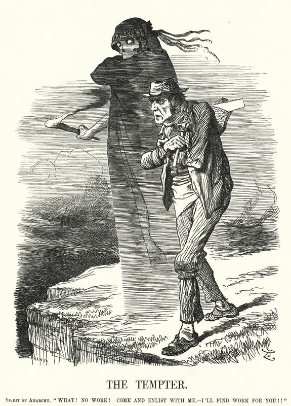Punch-sarjakuva: The Tempter - anarkismin kiusaus työttömille (kaiverrus) tekijältä John (after) Tenniel