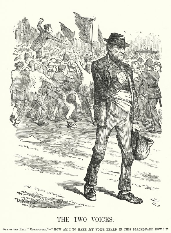 Punch-sarjakuva: The Two Voices - työttömyys ja sosiaaliset levottomuudet viktoriaanisessa Britanniassa (kaiverrus) tekijältä John (after) Tenniel