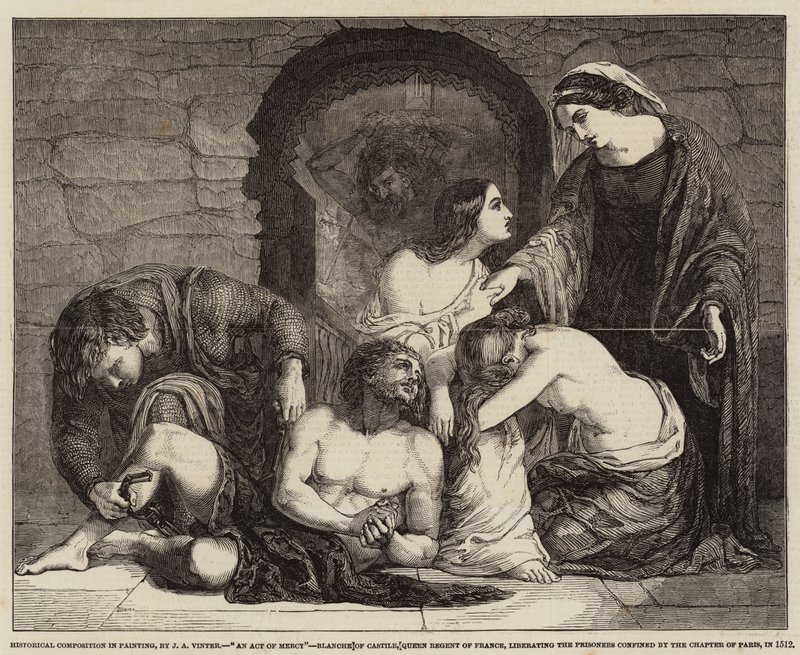 Historiallinen kokoonpano maalauksessa, armon teko, Kastilian Blanche, Ranskan kuningatar, vapauttamassa Pariisin kapitaalin vangit vuonna 1512 tekijältä John Alfred Vintner