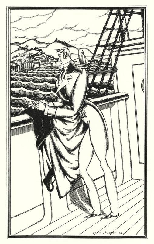 Lord Byronin kuvitus Don Juanille: "Adieu, Adieu! Minun kotirantani" (litho) tekijältä John Austen