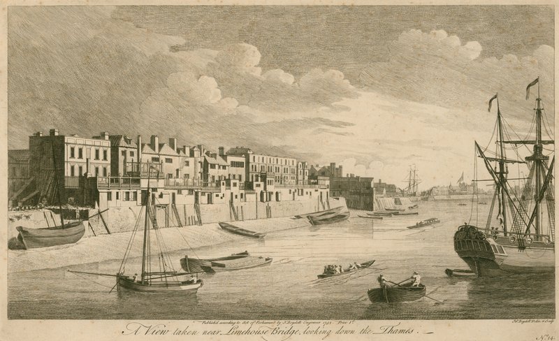 Näkymä otettu läheltä Limehouse-siltaa ja katselee alas Thamesia tekijältä John Boydell