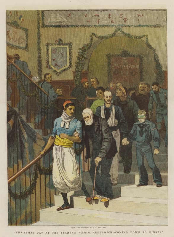 Joulupäivä merimiessairaalassa Greenwichissä illallisella (chromolitho) tekijältä John Charles Dollman