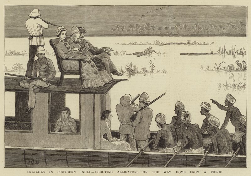 Sketsejä Etelä-Intiassa, alligaattoreita matkalla kotiin piknikiltä tekijältä John Charles Dollman