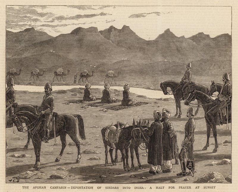 Afganistanin kampanja, sirdarien karkottaminen Intiaan, rukouspysähdys auringonlaskun aikaan tekijältä John Charles Dollman