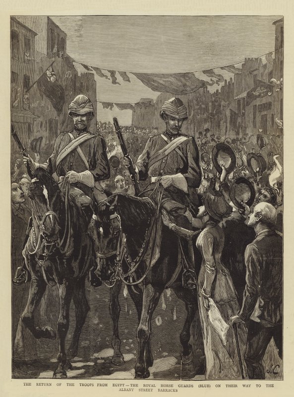 Joukkojen paluu Egyptistä, Royal Horse Guards (sininen) matkalla Albany Streetin kasarmiin tekijältä John Charlton