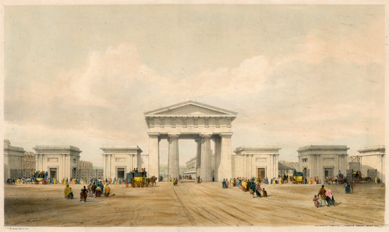 Lontoon Euston Groven aseman sisäänkäynti tekijältä John Cooke Bourne