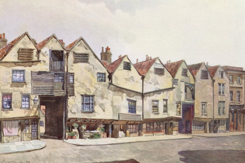 Kadonnut Lontoo: Bermondsey Streetin muinaiset vuokrakerrostalot (värilitografia). tekijältä John Crowther