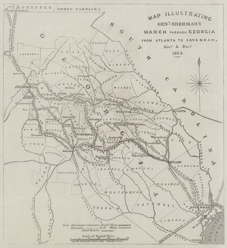 Kartta, joka havainnollistaa kenraali Shermanin marssia Georgian halki Atlantasta Savannahiin marras- ja joulukuussa 1864 tekijältä John Dower