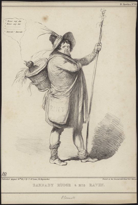Barnaby Rudge ja hänen korppinsa, kuvitus Charles Dickensin Barnaby Rudgesta, 1841 tekijältä John Doyle