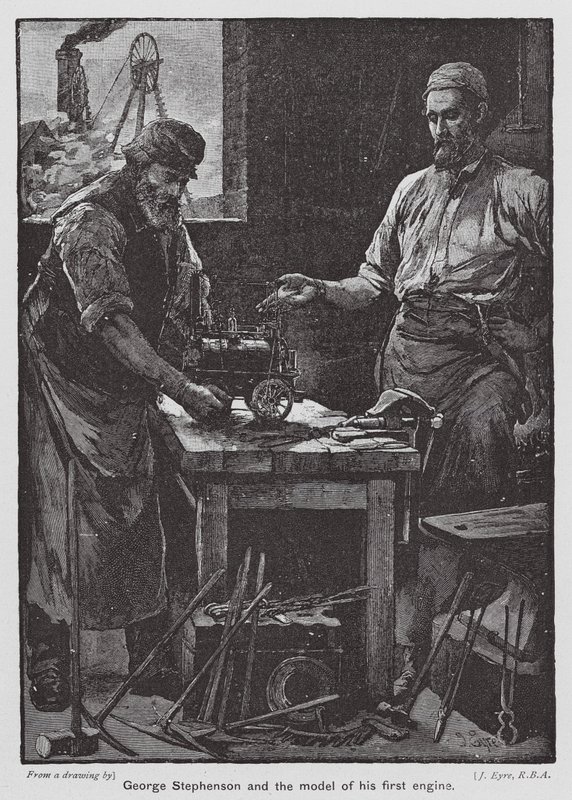 George Stephenson ja hänen ensimmäisen moottorinsa pienoismalli (värilitografia). tekijältä John Eyre