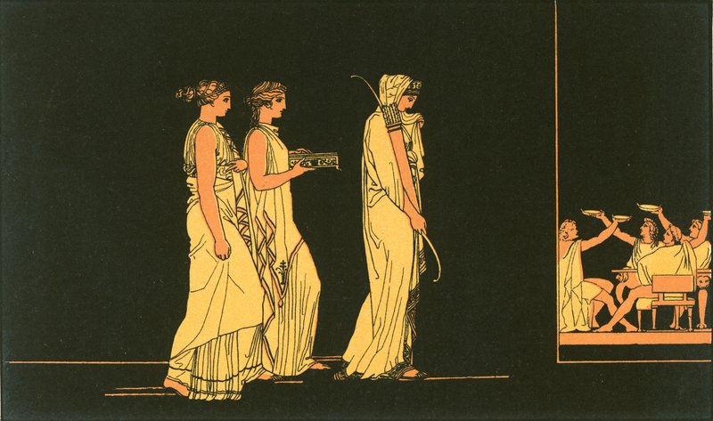 Penelope kantamassa Ulysseksen jousta kosijoiden luo tekijältä John Flaxman
