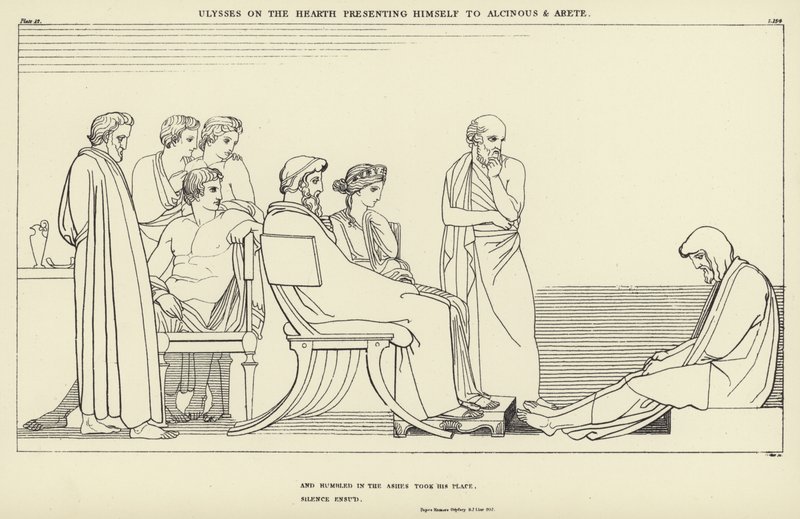 Ulysses on the Hearth esittelee itsensä Alcinousille ja Aretelle tekijältä John Flaxman
