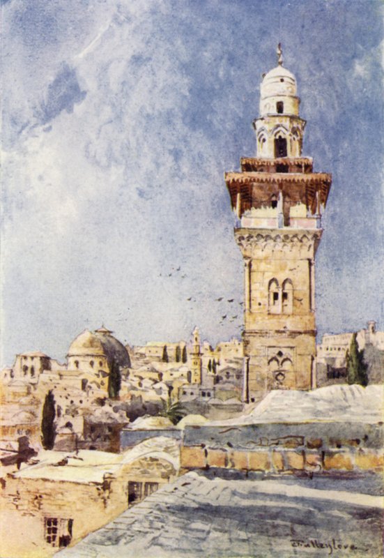 Minareetti temppelialueen luoteiskulmassa (väri litho) tekijältä John Fulleylove