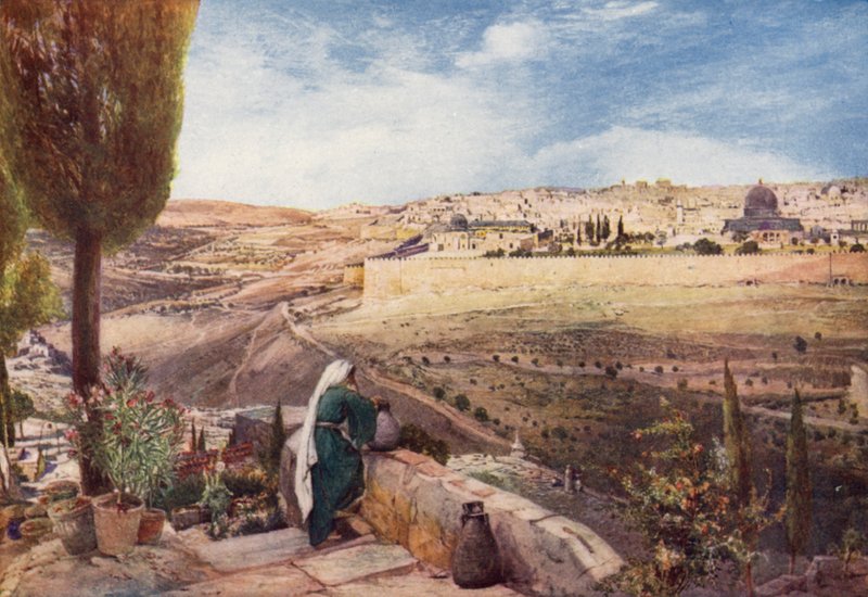 Jerusalem, perinteisestä Öljymäen paikasta, jossa Kristus itki kaupungin yli (väri litho) tekijältä John Fulleylove