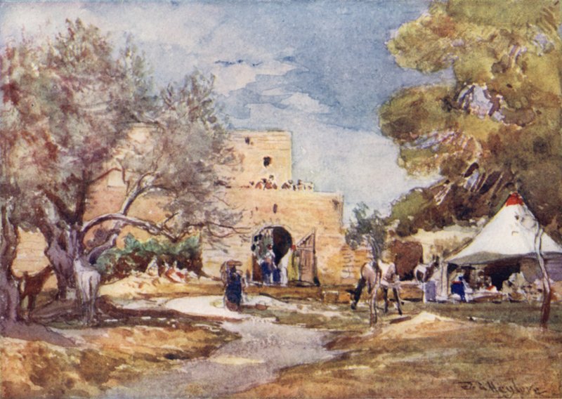 Keskiaikainen rakennus Jerusalemin pohjoismuurin ulkopuolella (väri litho) tekijältä John Fulleylove