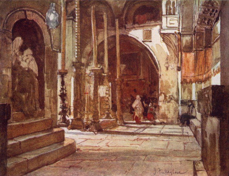 Voitelukivi, ristiretkeläisten kirkon ambulatoriosta (väri litho) tekijältä John Fulleylove