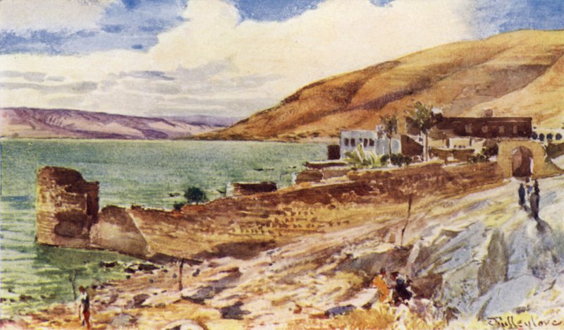 Galilean järvi, katsoen etelään Tiberiasta (väri litho) tekijältä John Fulleylove