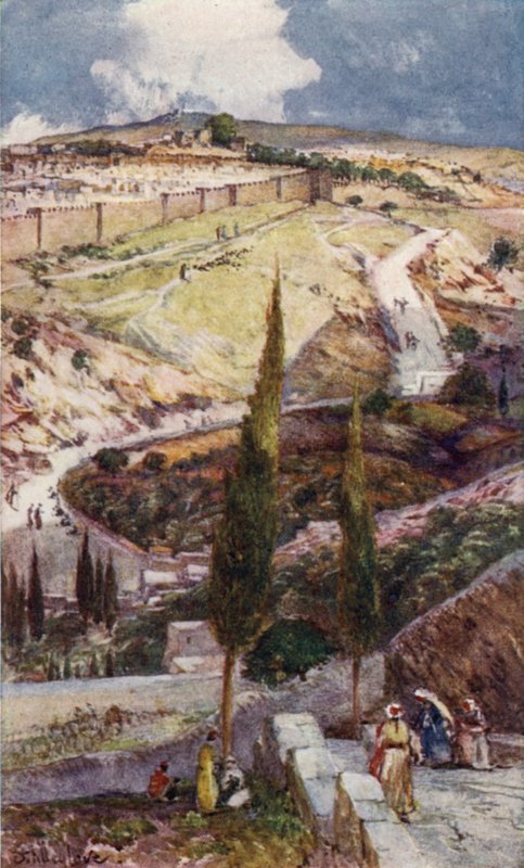 Jerusalemin ja Mispan koillispää Öljymäeltä (väri litho) tekijältä John Fulleylove