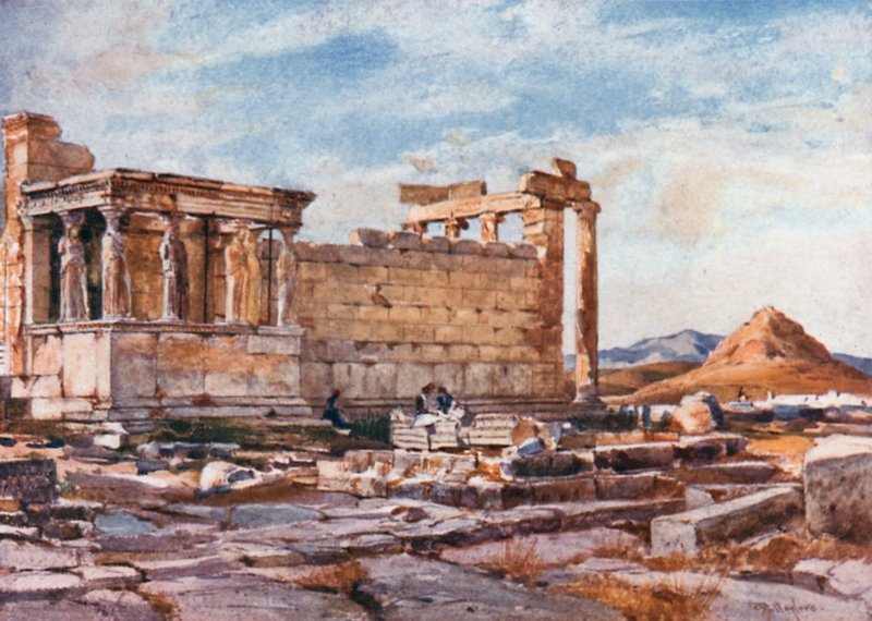 Erechtheumin eteläpuoli, jossa on Athena Poliasin aikaisemman temppelin perustukset tekijältä John Fulleylove