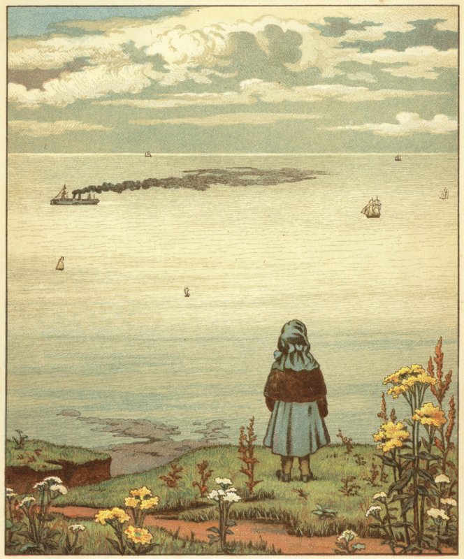 Tyttö katselee merelle (väri litho) tekijältä John George (after) Sowerby