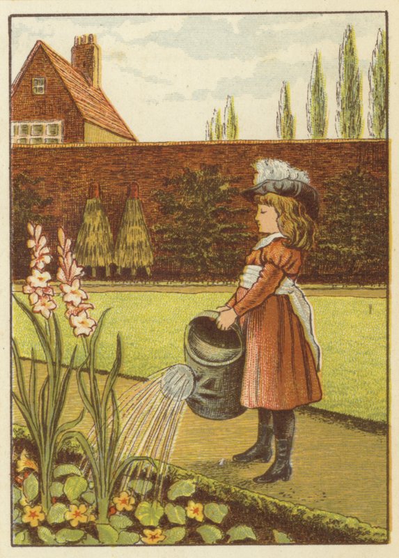 Tyttö kastelee puutarhaa (väri litho) tekijältä John George (after) Sowerby