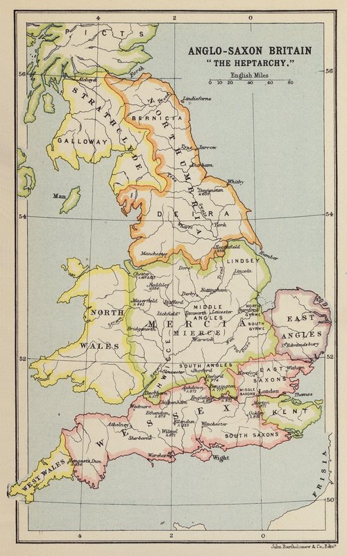 Anglosaksinen Britannia, "Heptarkia" (litografia) tekijältä John George Bartholomew