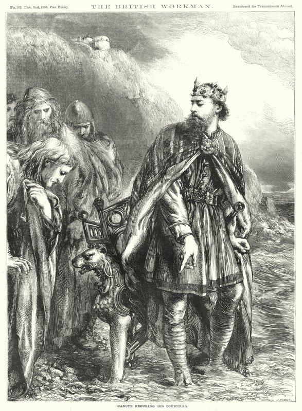 Canute nuhtelee hovimiehiä (kaiverrus) tekijältä John Gilbert