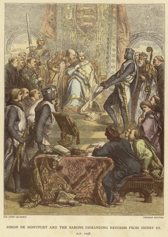 Simon de Montfort ja paronit vaativat uudistuksia Henrik III:lta, 1258 jKr tekijältä John Gilbert