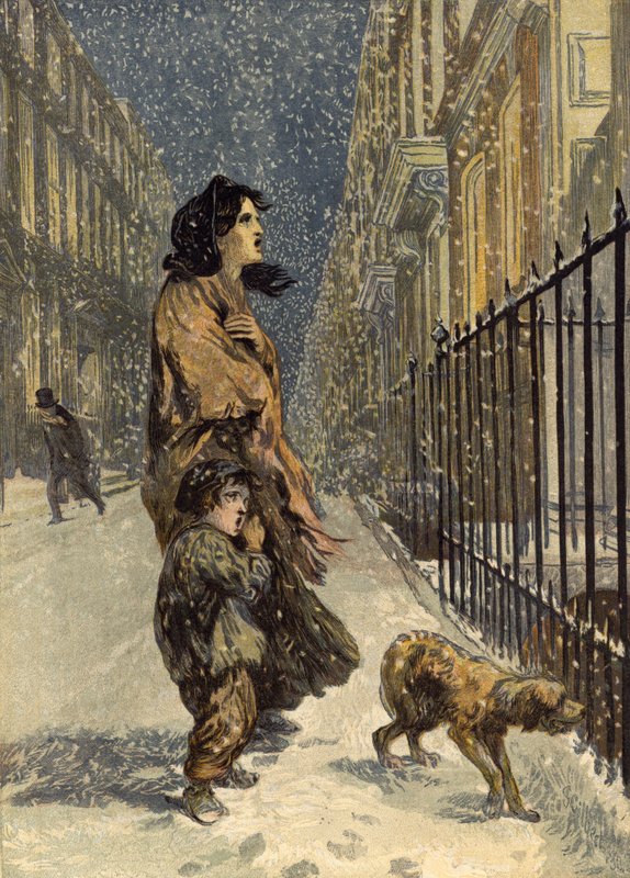 Kodittomat köyhät, äiti ja lapsi koiran kanssa lumessa (chromolitho) tekijältä John Gilbert
