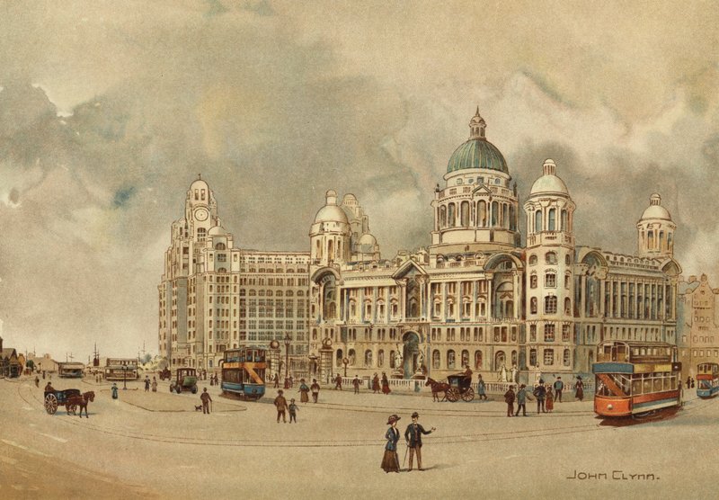 Liverpool: Mersey Docks and Harbour Boardin toimistot, The Liver Building jne., Approach to Landing Stage (värilitho) tekijältä John Glynn