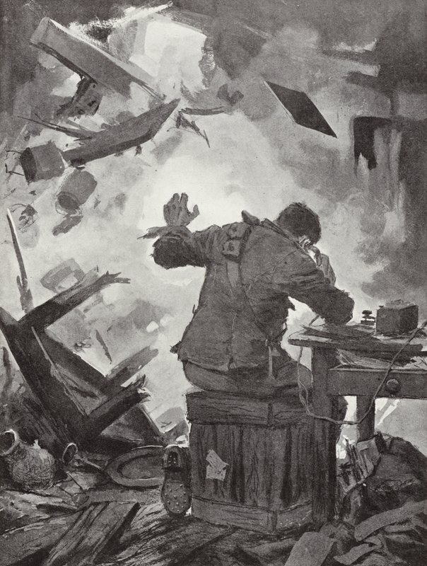 Bombardier W H French lopetti viestinsä sen jälkeen, kun ammus oli tullut huoneen läpi, johon hän soitti, Helpegarde, I maailmansota tekijältä John Harris Valda
