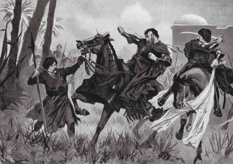 Sebastian I:n tappio ja kuolema Alcazarin taistelussa (litografia) tekijältä John Harris Valda