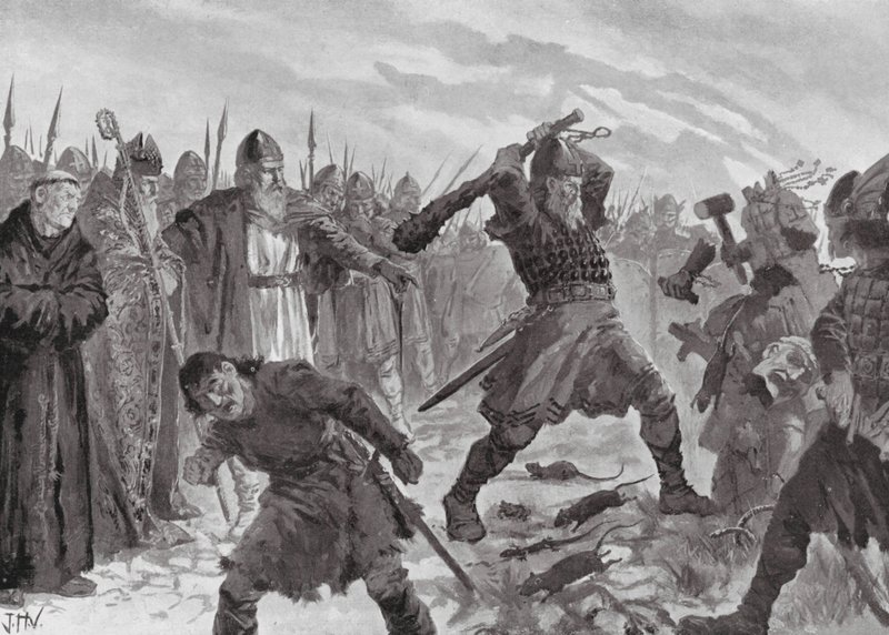 Kuningas Olav Pyhä rikkoo Morin jumalan kuvan. tekijältä John Harris Valda