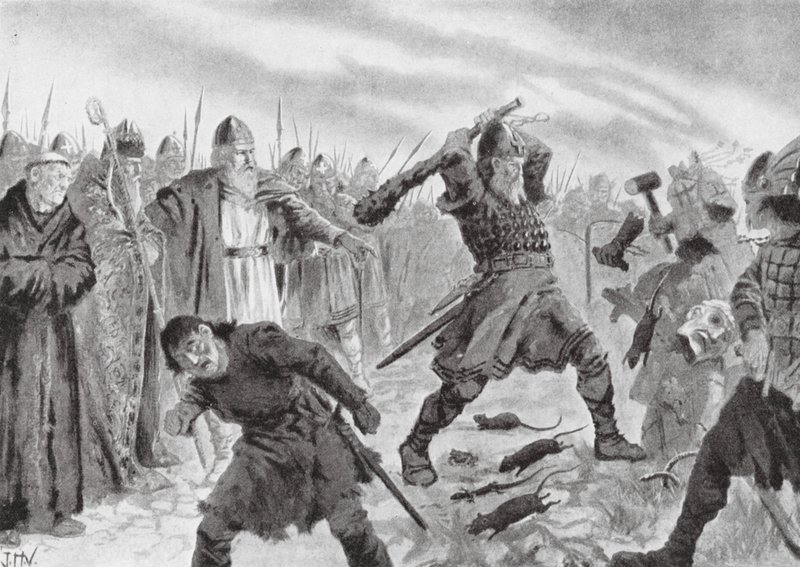 Kuningas Olav Pyhä rikkoo Morin jumalan kuvan. tekijältä John Harris Valda