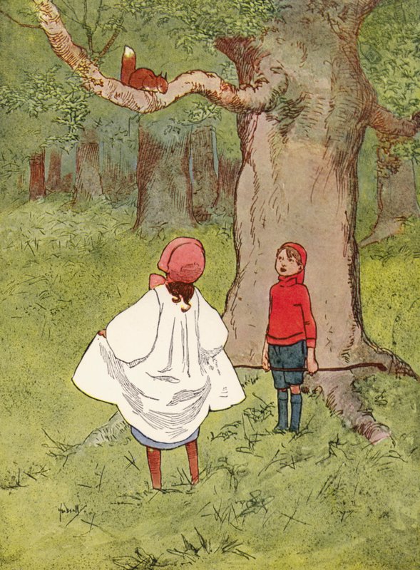 "Rakas pieni orava, jolla on kihara häntä" (väri litho) tekijältä John Hassall