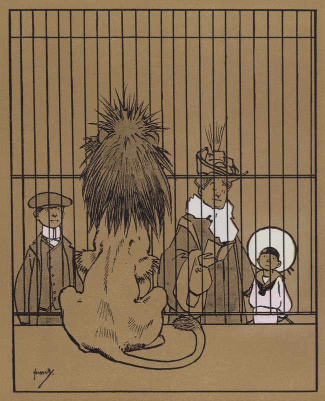 "Lioneilla on toisen käden, epätodellinen ilme, joten lattialla oleva sahanpuru olisi voinut melkein tulla ulos heistä" (väri litho) tekijältä John Hassall