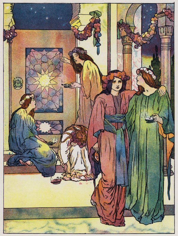 Neitot nousevat ja viimeistelevät lamppunsa (väri litho) tekijältä John Hassall