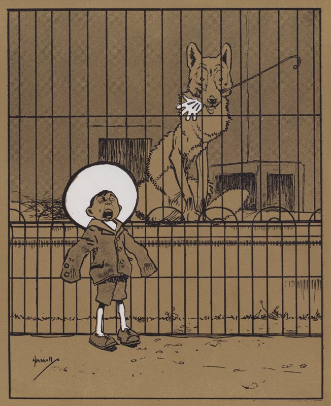 "Käteensä kiskojen läpi työntäviä vierailijoita kehotetaan varmistamaan, että he saavat ne takaisin" (väri litho) tekijältä John Hassall
