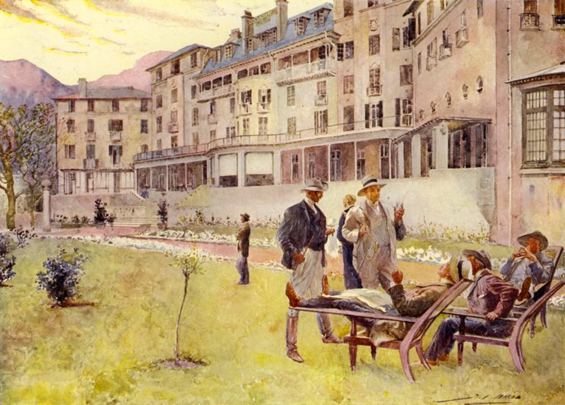 Kapkaupunki, Mount Nelson -hotellin edustalla (värilitografia). tekijältä John Henry Frederick (after) Bacon