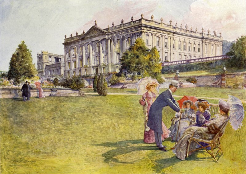 Chatsworth House (väri litho) tekijältä John Henry Frederick (after) Bacon