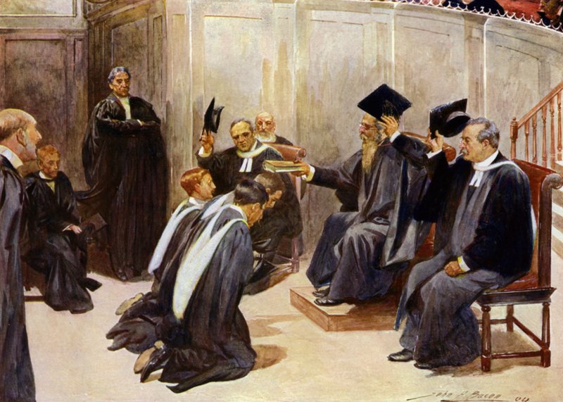 Tutkinnon suorittaminen Sheldonian Theatressa, Oxfordissa (värilitho) tekijältä John Henry Frederick (after) Bacon