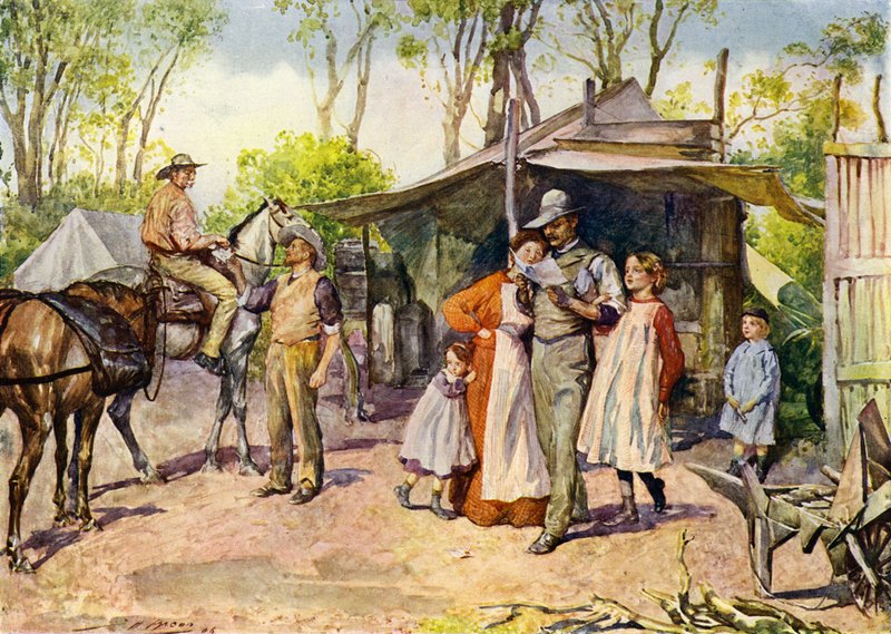 Kirjeiden jakelu Australian pensaassa (väri litho) tekijältä John Henry Frederick (after) Bacon