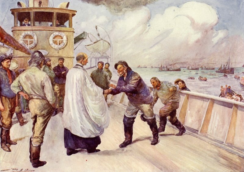 Pescadors de la flota pesquera del mar del Nord reunint-se per al culte (litografia de color) finlandès tekijältä John Henry Frederick (after) Bacon