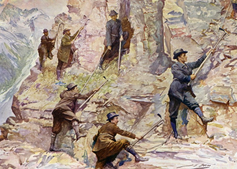 Vuorikiipeily Brittiläisessä Kolumbiassa (värillinen litografia) tekijältä John Henry Frederick (after) Bacon