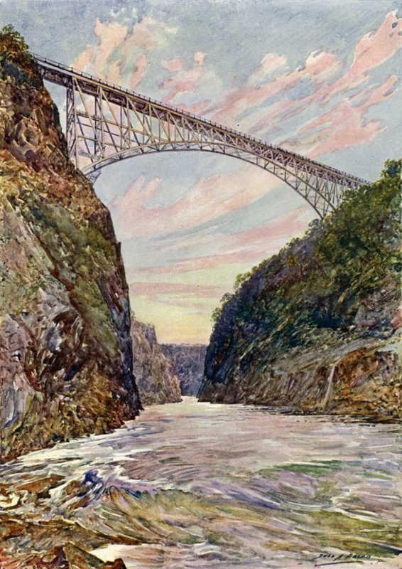 Silta Victorian putouksilla, Rhodesiassa (väri litho) tekijältä John Henry Frederick (after) Bacon