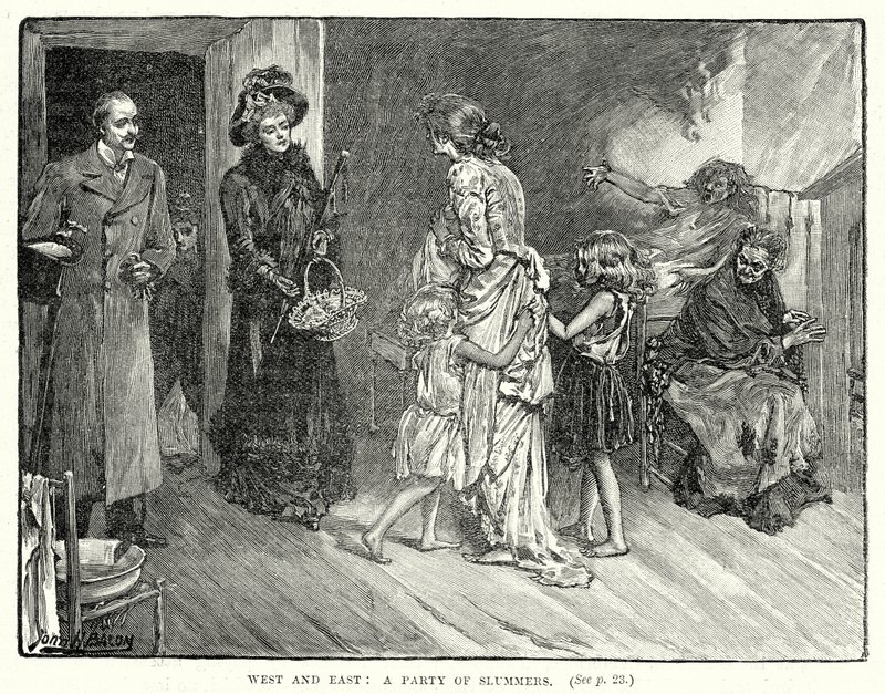 Länsi ja itä: Slummereiden puolue (kaiverrus). tekijältä John Henry Frederick (after) Bacon